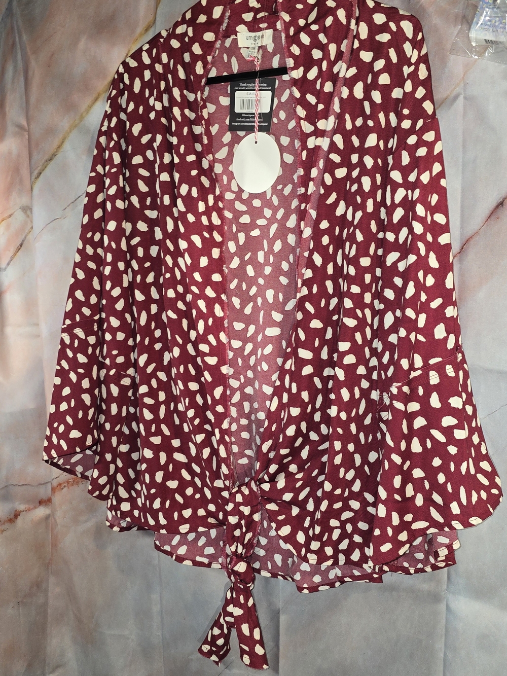 Umgee Wine Red Tie-Front Blouse with Ivory Spot Print